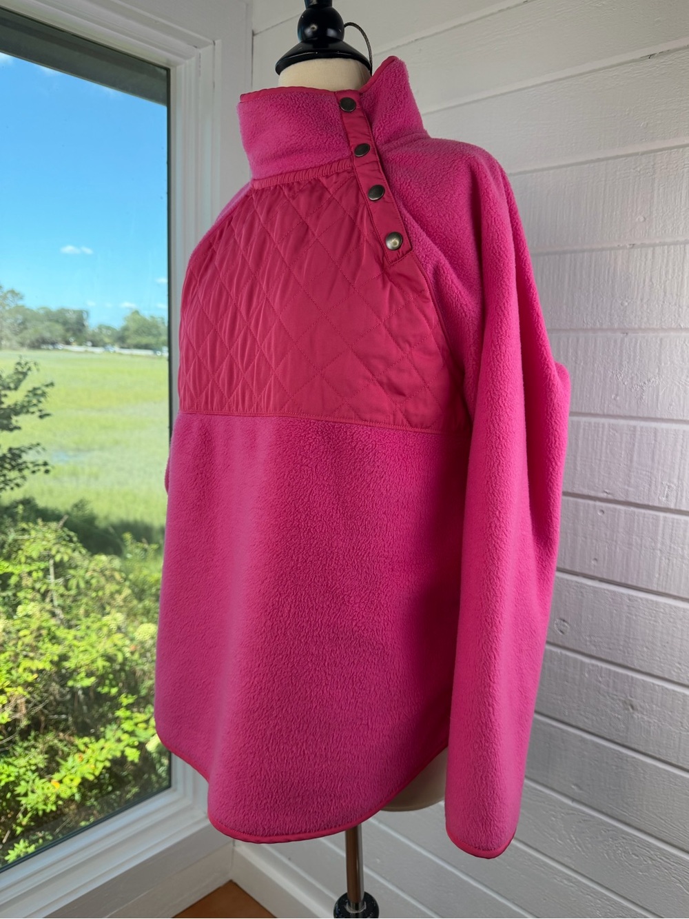 J. Crew Fleece Pullover Jacket Hot Pink Quilted M Snap Collar - Picture 12 of 15